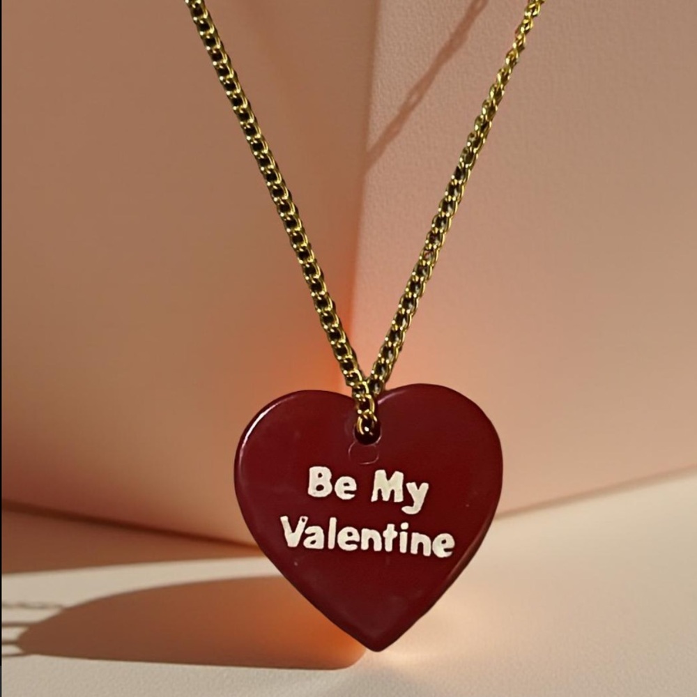 Vintage Red Plastic Valentines Heart Candy Pendant Necklace with Gold Chain